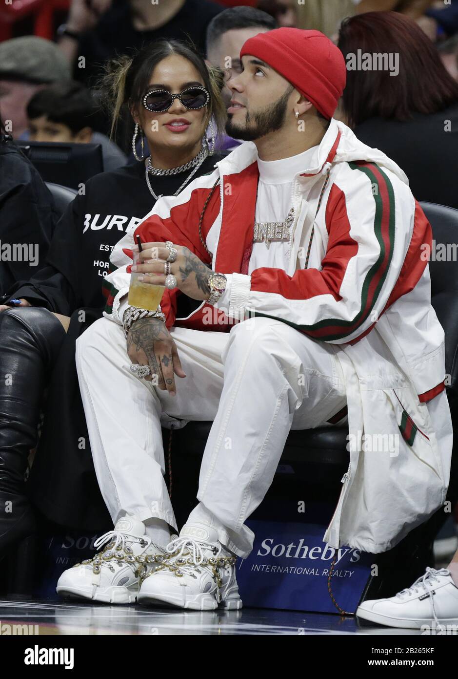 MIAMI BEACH, FL - FEBRUARY 28: Anuel AA is a Puerto Rican rapper and singer  seen court side at the Miami Heat game on February 28, 2020 in Miami,  Florida People: Anuel