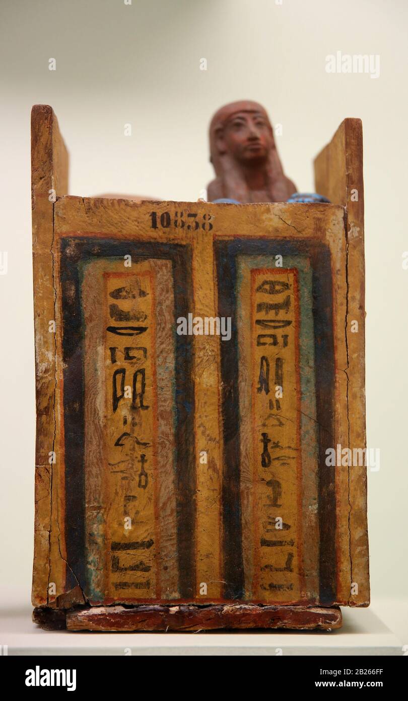 Egypt. Wooden chests with Ushabti placed in the graves together with the dead.  Istanbul Archaeological Museum, Turkey. Stock Photo