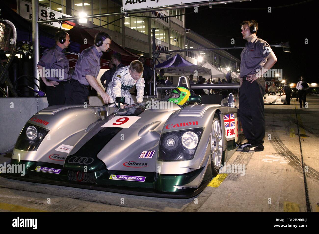The Infineon Team Joest Audi R8 racing in the 2003 Sebring 12 hour race Stock Photo