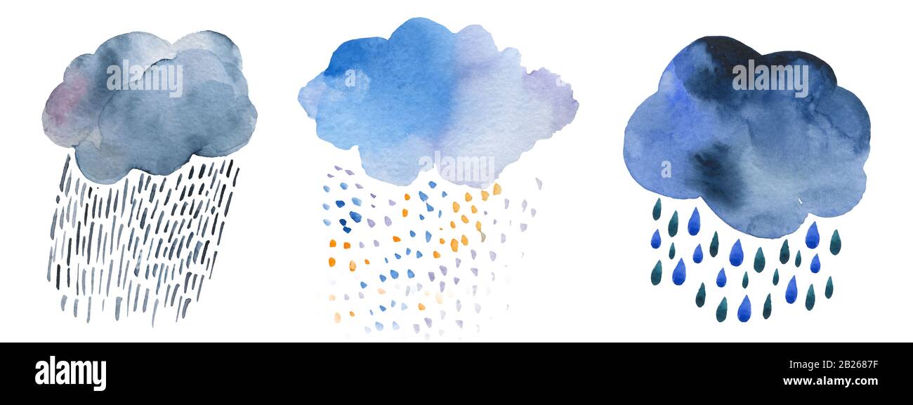 Cute weather icons. Forecast meteorology watercolor symbols. Scandinavian illustration. Weather set graphics. The group of outline digital elements: o Stock Photo