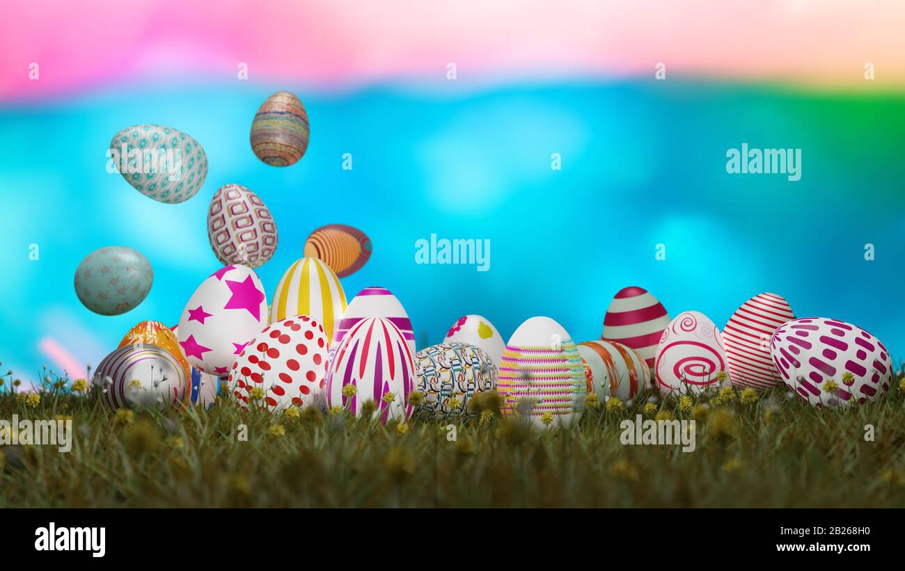 Set of colorful easter eggs on green grass with blurry colorful ...