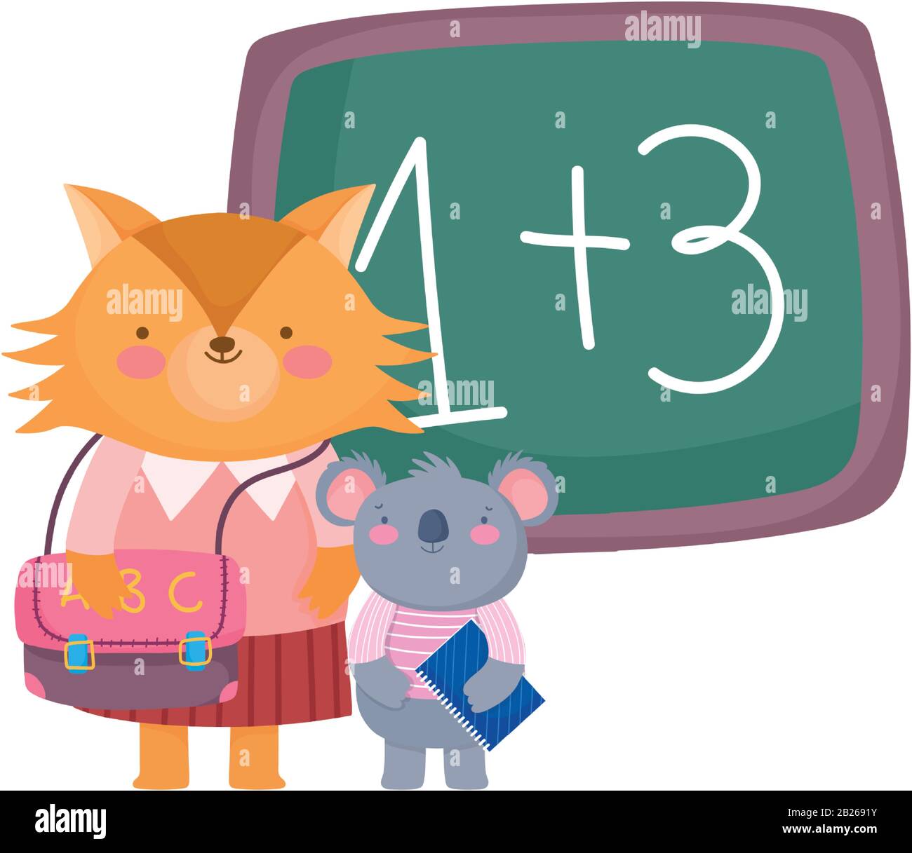 back to school, fox and koala with book bag chalkboard vector