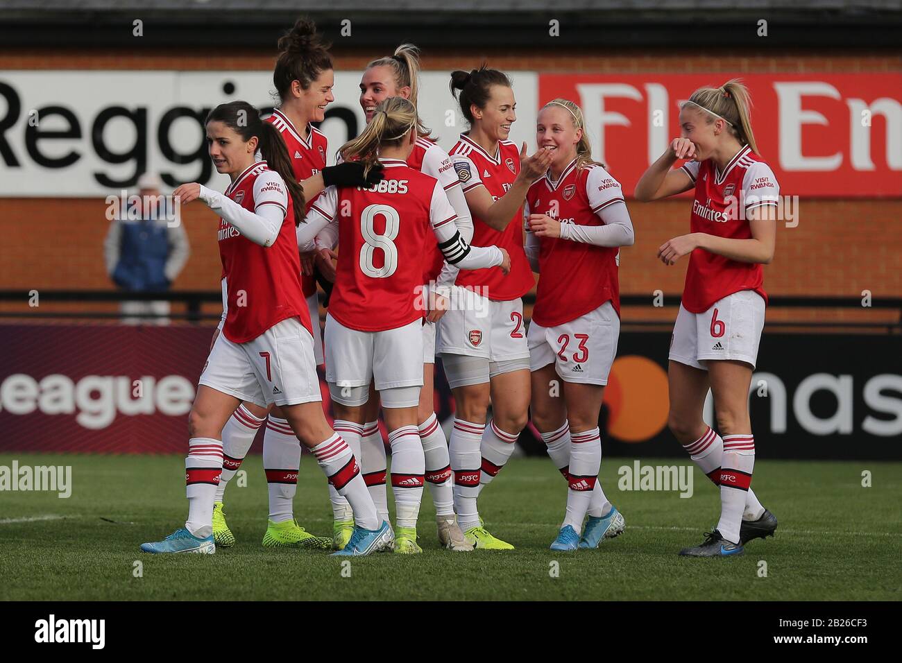 Leah Williamson of Arsenal scores the second goal for her team and celebrates with her team mates during Arsenal Women vs Bristol City Women, Barclays Stock Photo