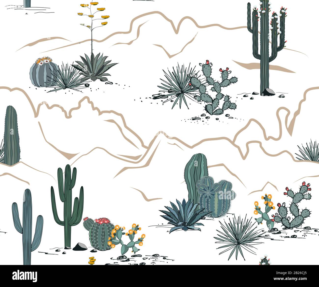 Desert seamless pattern with mountains, blooming cacti, opuntia, and saguaro. Vector background. Stock Vector