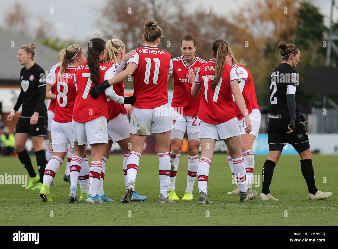 Vivianne Miedema of Arsenal scores the sixth goal for her team and celenrates with her team mates during Arsenal Women vs Bristol City Women, Barclays Stock Photo