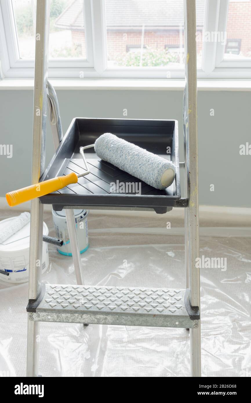 Painting and decorating with a roller and tray on a set of metal step ladders with cans of paint and a dust sheet in the background Stock Photo