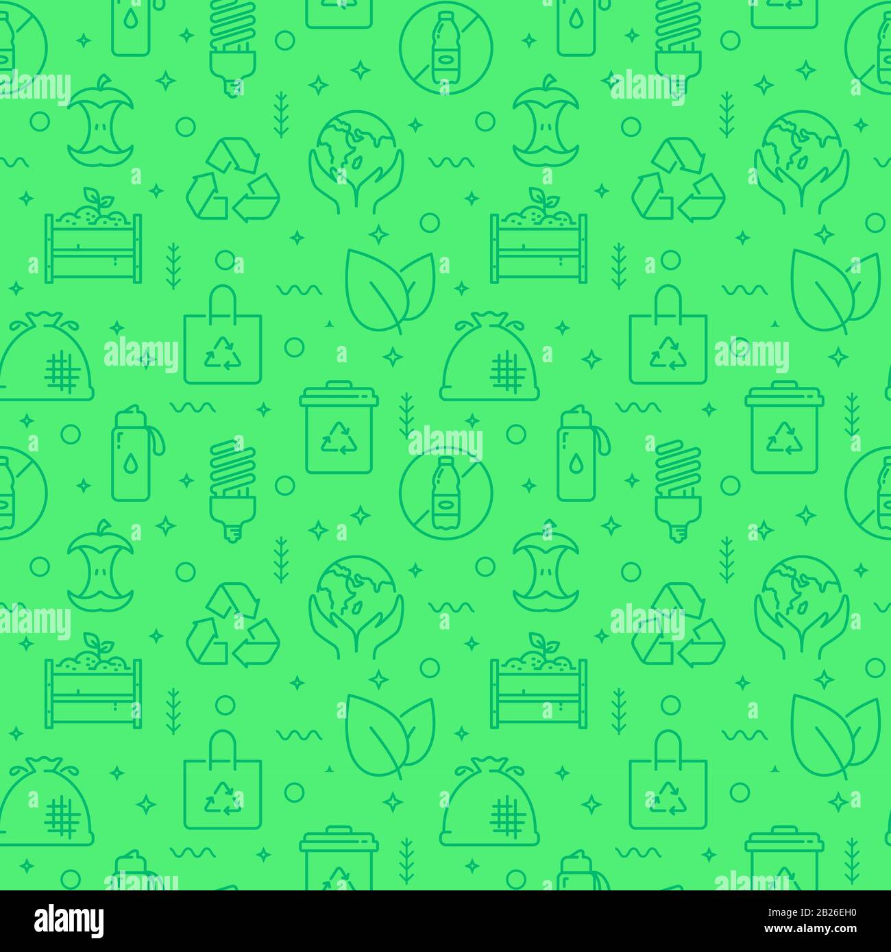 Zero waste seamless pattern with line icons. Monochrome green background. Waste recycling, reusable items, eco lifestyle, caring for the environment. Stock Vector