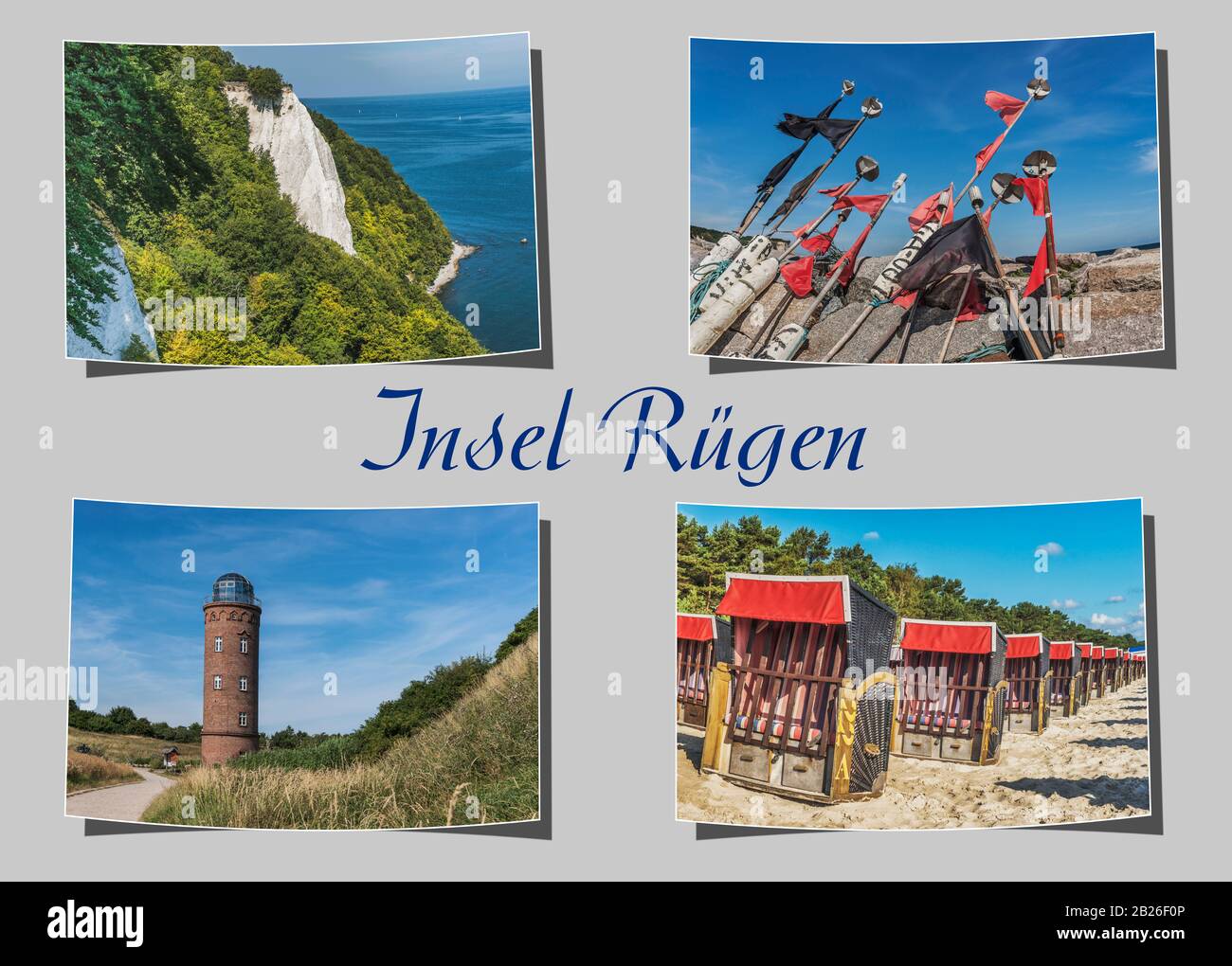 Vier verschiedene gebogene Fotografien auf grauem Hintergrund mit der Beschriftung Insel Rügen, Mecklenburg-Vorpommern, Deutschland, Europa | Four dif Stock Photo