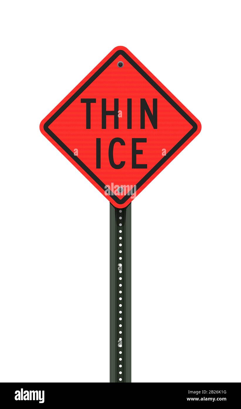 Vector illustration of the Thin Ice orange danger sign on metallic post Stock Vector