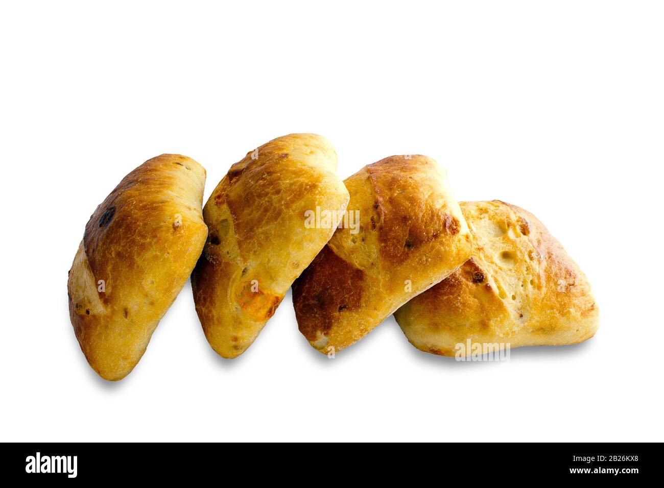 Four cheese bread rolls on an isolated white background Stock Photo