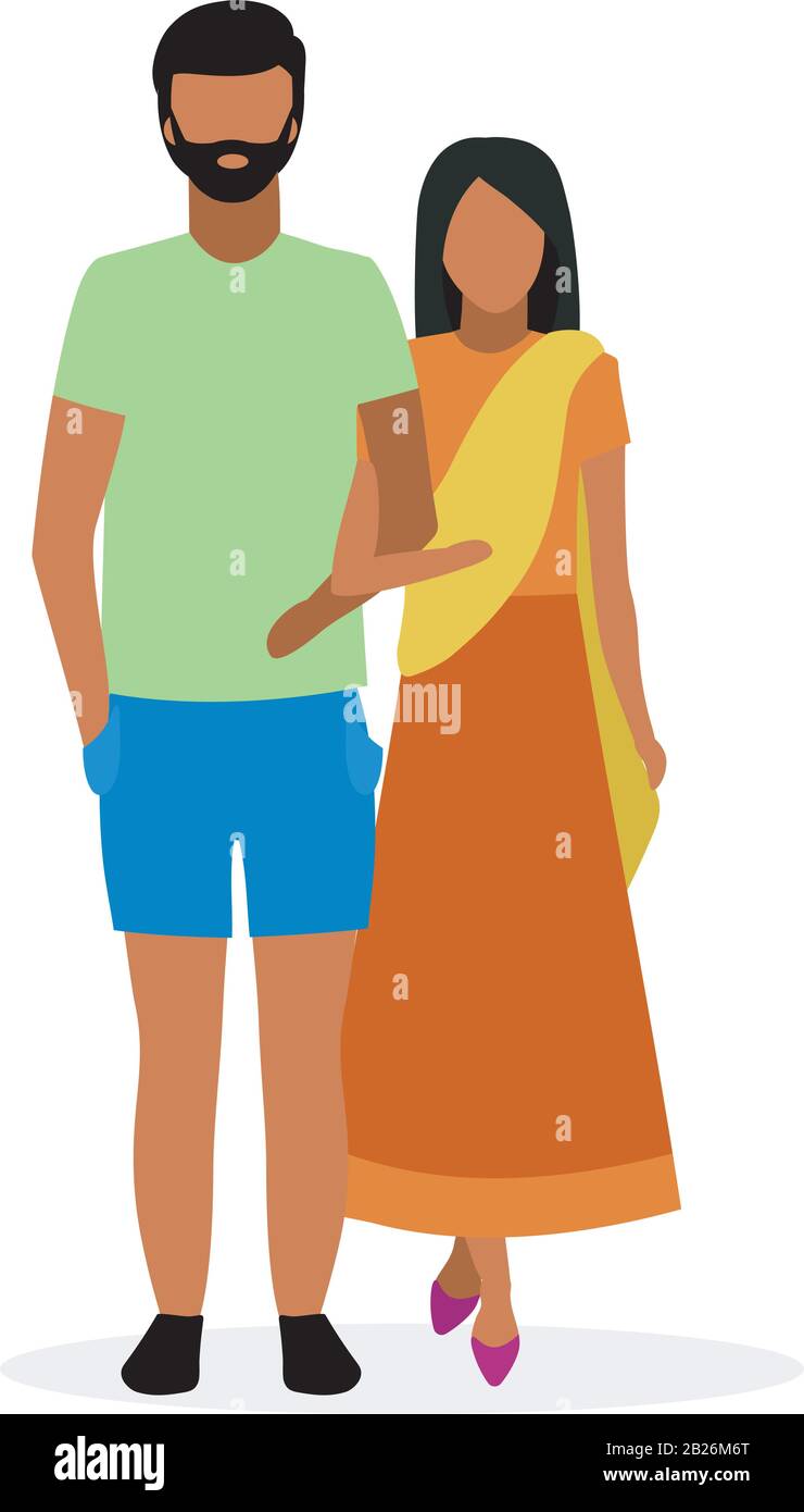 Indian couple flat vector illustration. Woman in sari, dhoti and bearded man in casual style clothes cartoon characters isolated on white background Stock Vector
