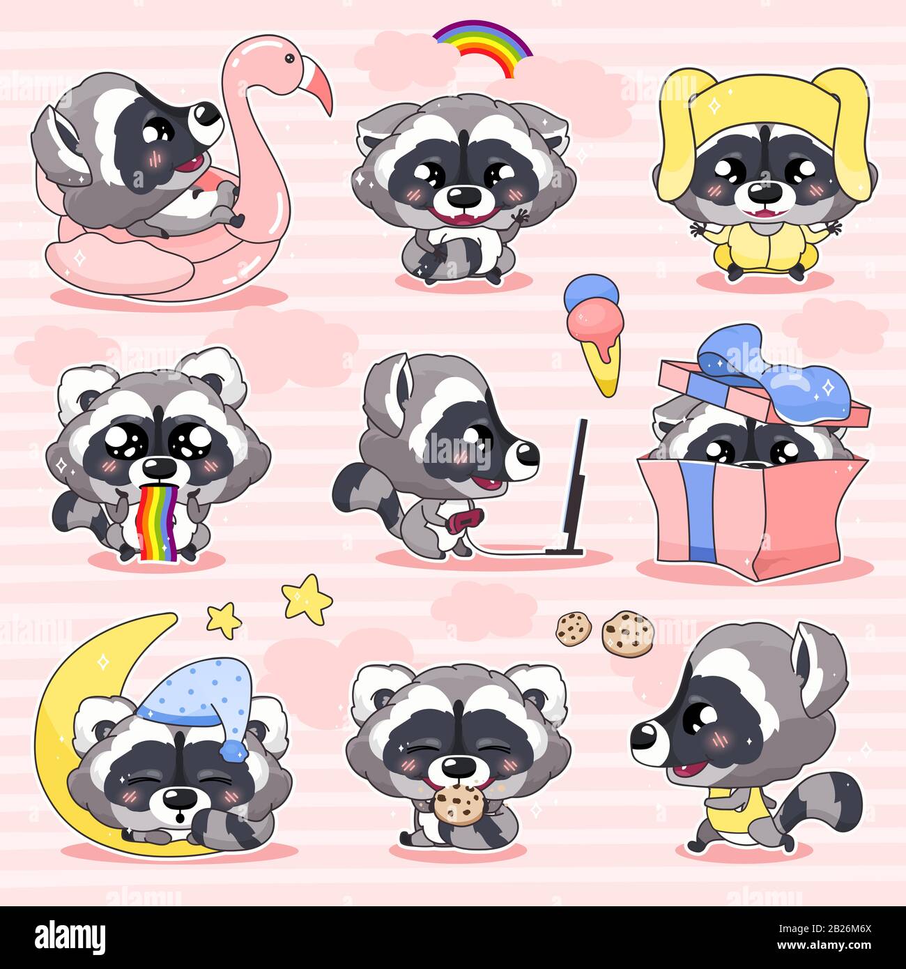 Cute raccoon kawaii cartoon vector characters set. Adorable and funny  smiling animal isolated stickers, patches, kids book illustrations pack.  Anime Stock Vector Image & Art - Alamy