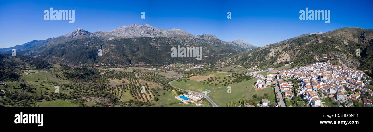 Panoramic view of Sierra de Grazalema from Jimera de Libar village in Malaga province, Andalusia, Spain. Stock Photo