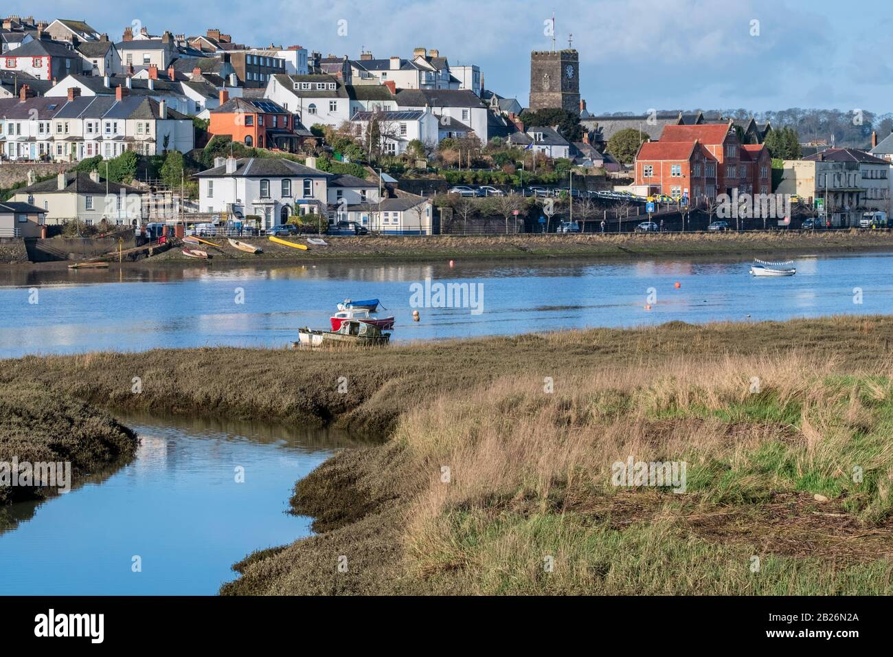 Views from East The Water towards Bideford Quay with the police station and St Marys ChurchBideford North Devon, South West, UK Stock Photo