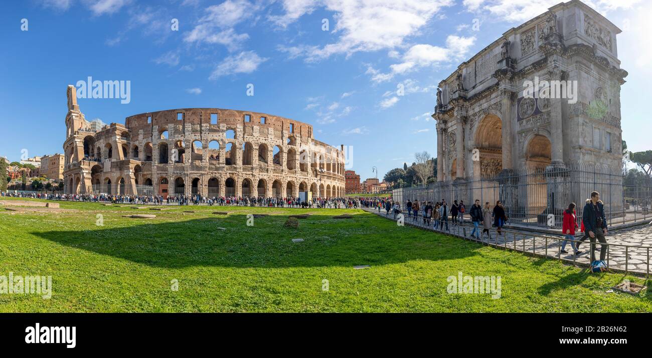 Rome.  Colosseum and  Triumphal Historic Arco di Costantino (Arch of Constantine) Stock Photo