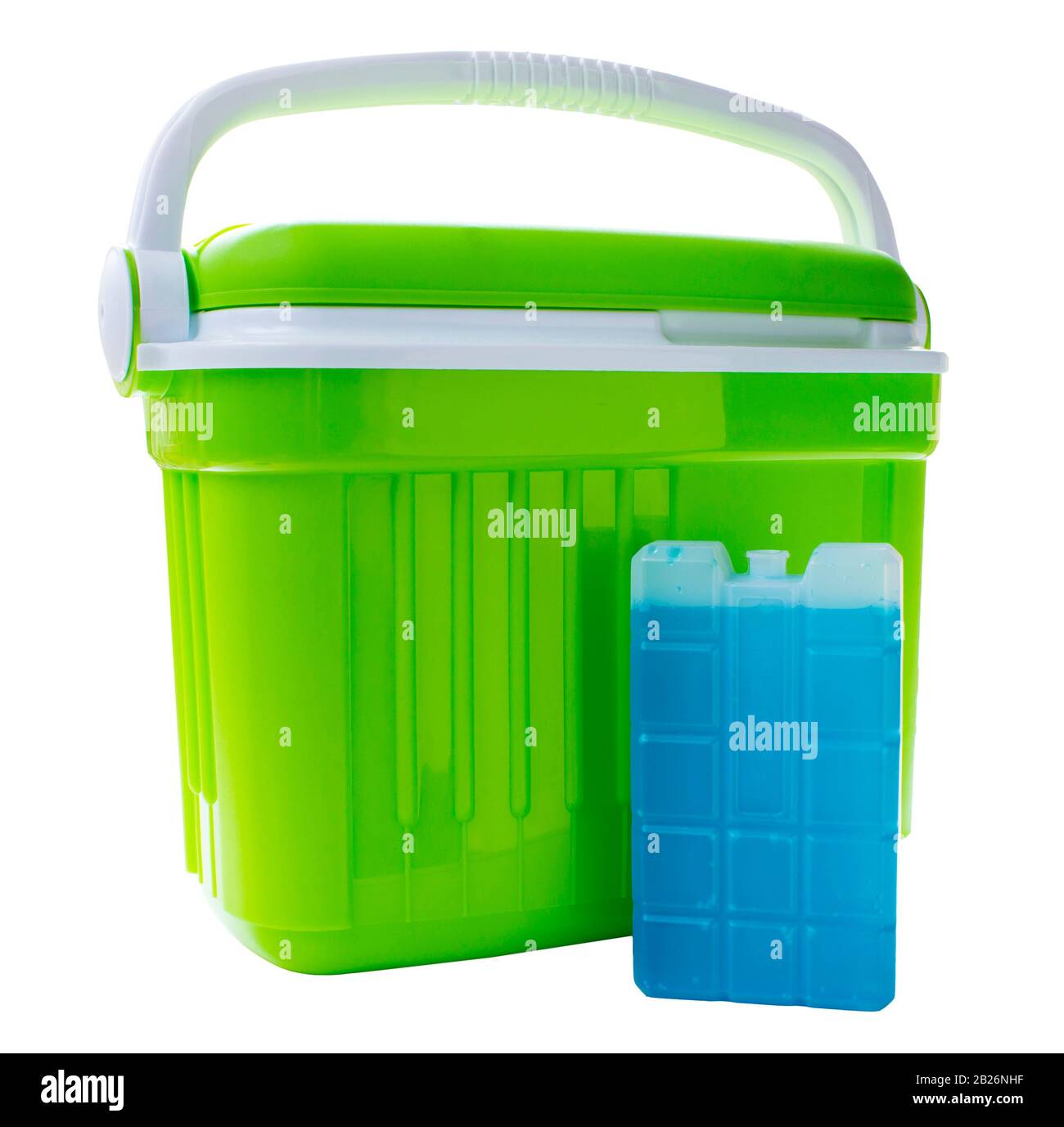 Green cool box with a blue ice block on an isolated white background with a clipping path Stock Photo