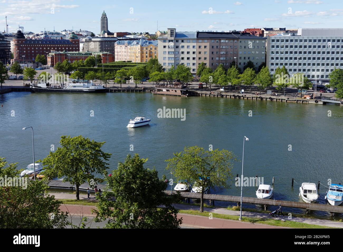 Cityscape of Helsinki, Finland with Siltavuorensalmi bay and dominated Kallio Church Stock Photo