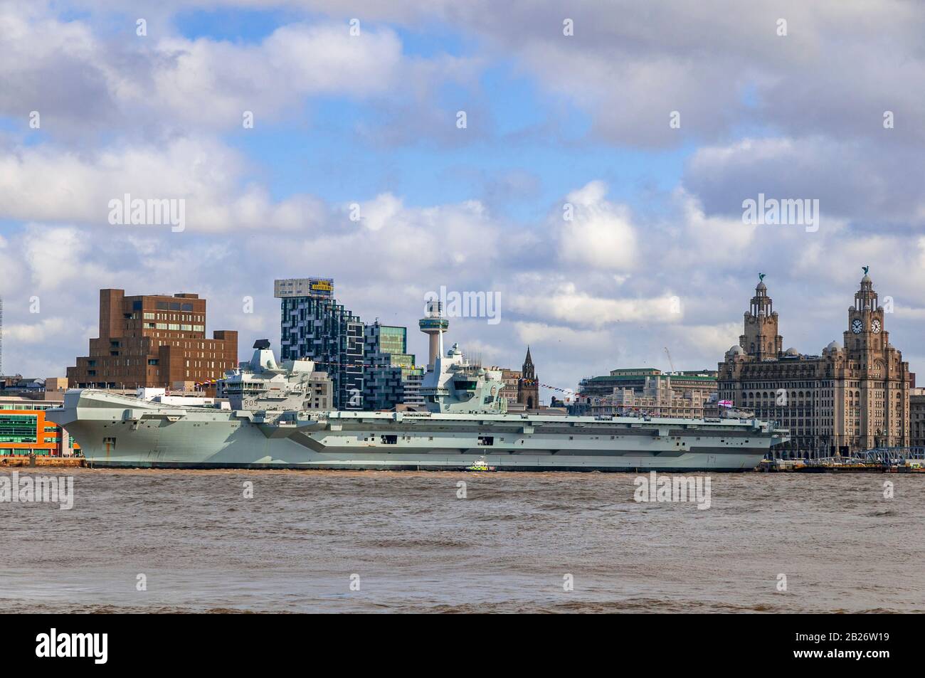 The Royal Navy's latest aircraft carrier HMS Prince of Wales berthed at Liverpool pierhead on a courtesy visit. Stock Photo