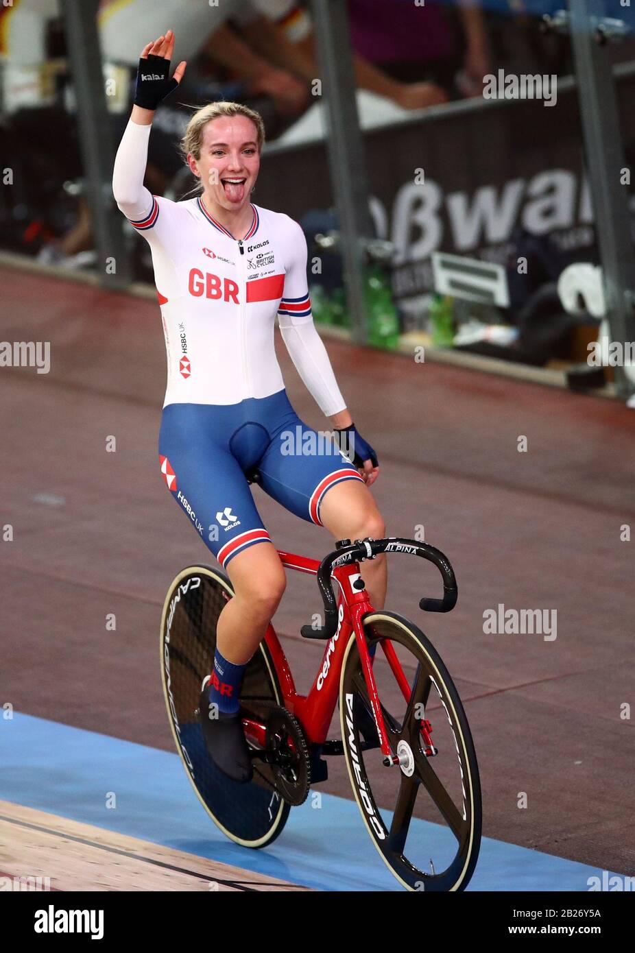 Great Britain's Elinor Barker celebrates with her son, and