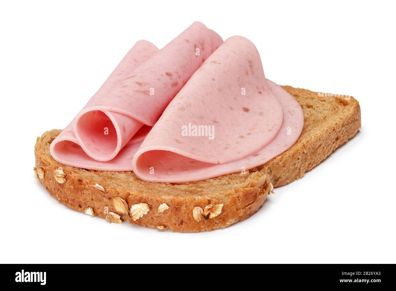 Salami slices and bread slice isolated on white background Stock Photo