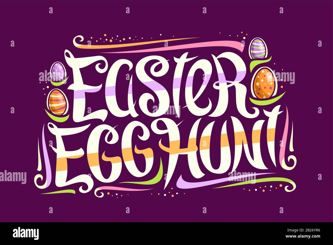 Vector greeting card for Easter Egg Hunt, decorative flyer with curly ...