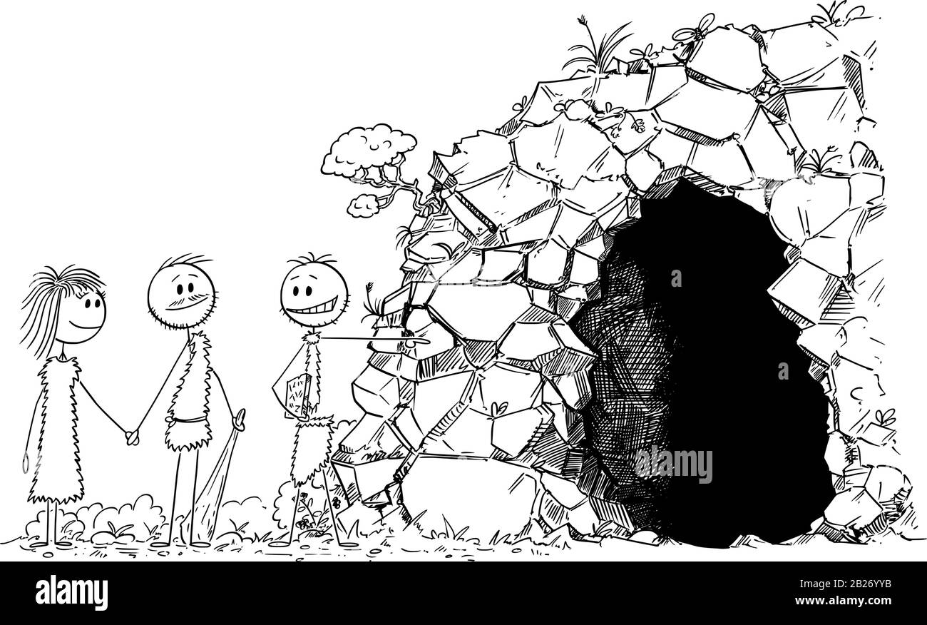 Vector cartoon stick figure drawing conceptual illustration of prehistoric man or caveman realtor or estate agent showing cave to young people. Stock Vector