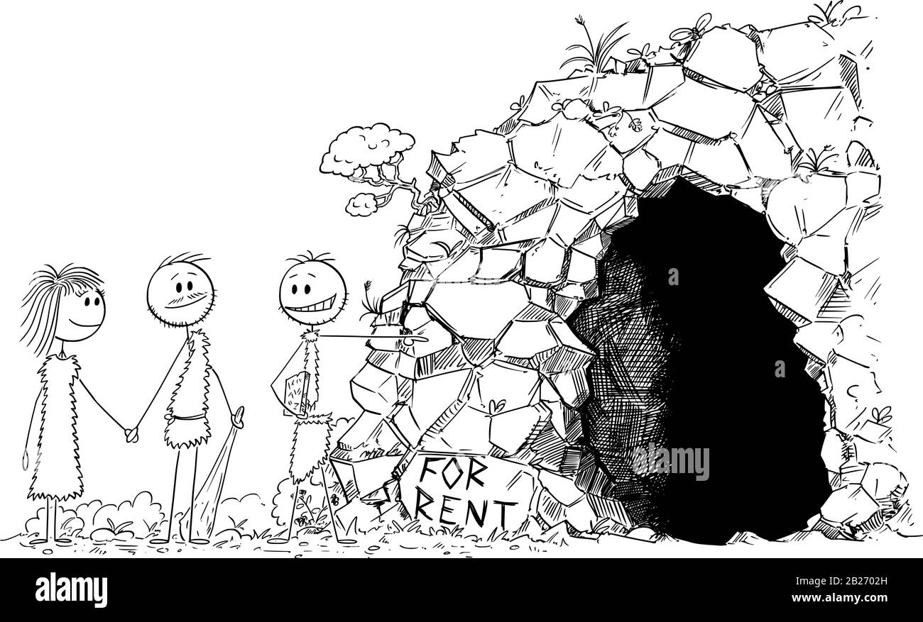 Vector cartoon stick figure drawing conceptual illustration of prehistoric man or caveman realtor or estate agent showing cave for rent to young people. Stock Vector