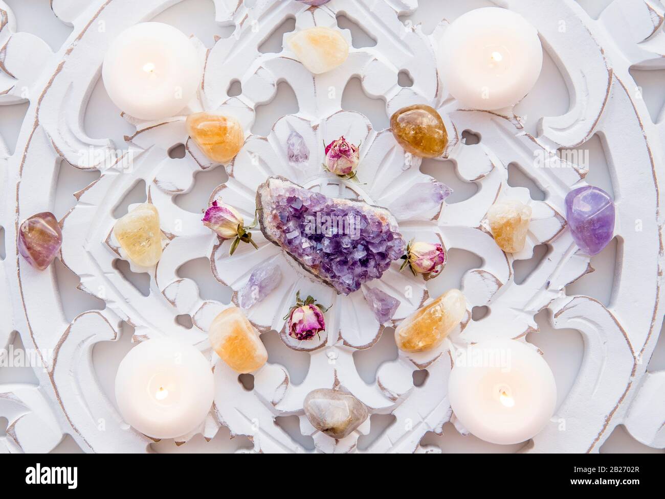 Semi precious stone crystal grid in home helps intentions to manifest concept. Alternative lifestyle. Relaxation and balance, wealth. Stock Photo