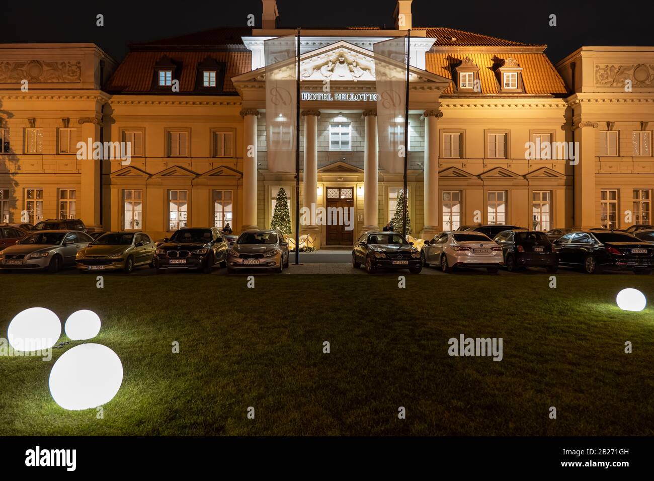 Hotel Bellotto at night in city of Warsaw in Poland, 5 star luxury accommodation in 16th century Bishops Palace Stock Photo