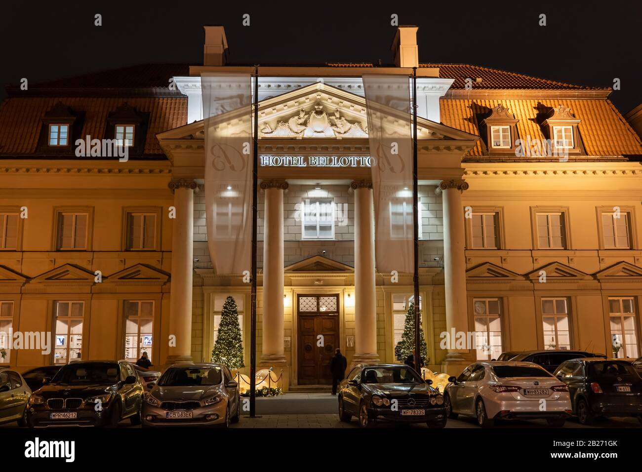Hotel Bellotto at night in city of Warsaw in Poland, 5 star luxury accommodation in 16th century Bishops Palace Stock Photo