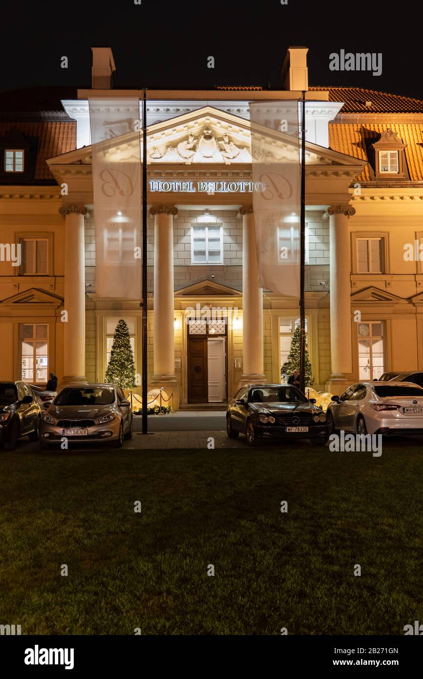 Hotel Bellotto at night in city of Warsaw in Poland, 5 star luxury accommodation in 16th century Bishops Palace Stock Photo