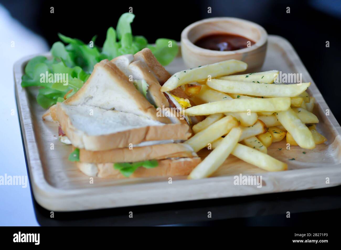 sandwich or egg sandwich and French fries Stock Photo