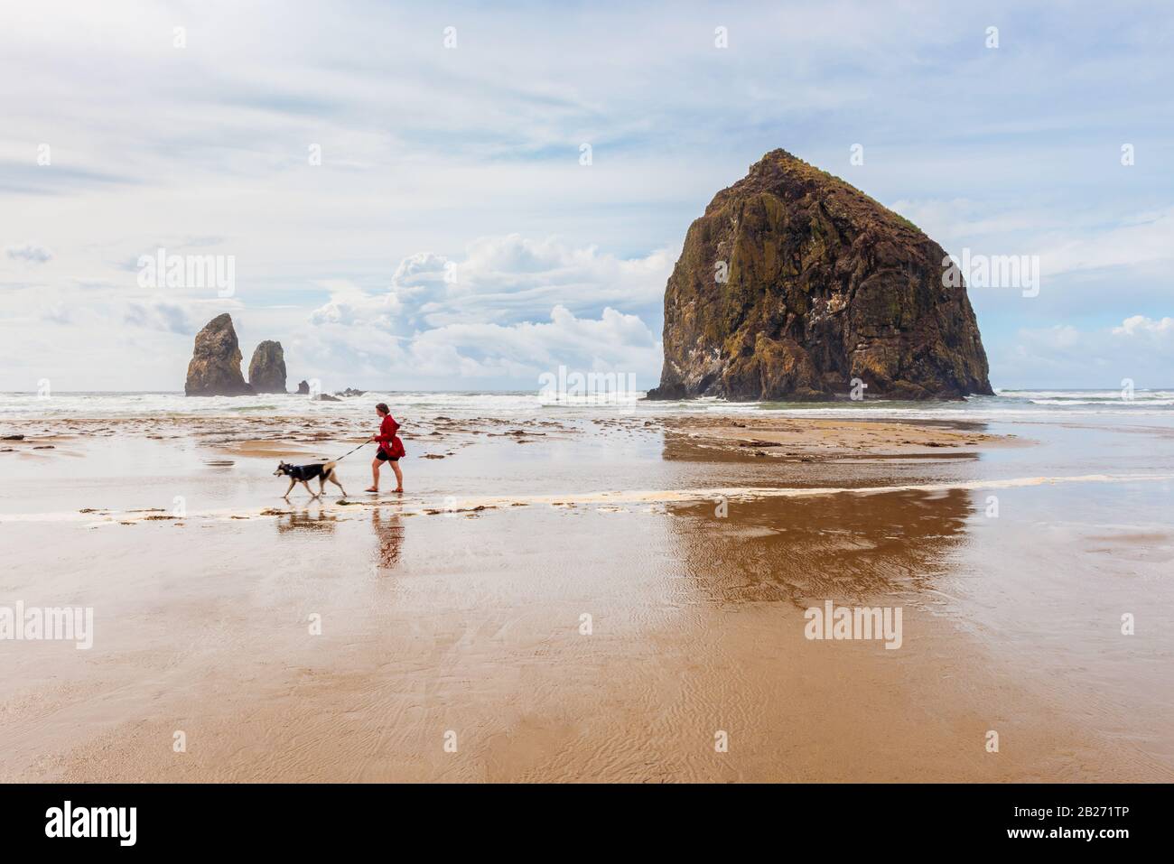 Young woman walking her dog on the beach in Cannon Beach, Oregon, USA with the famous Haystack Rock in the background. Stock Photo