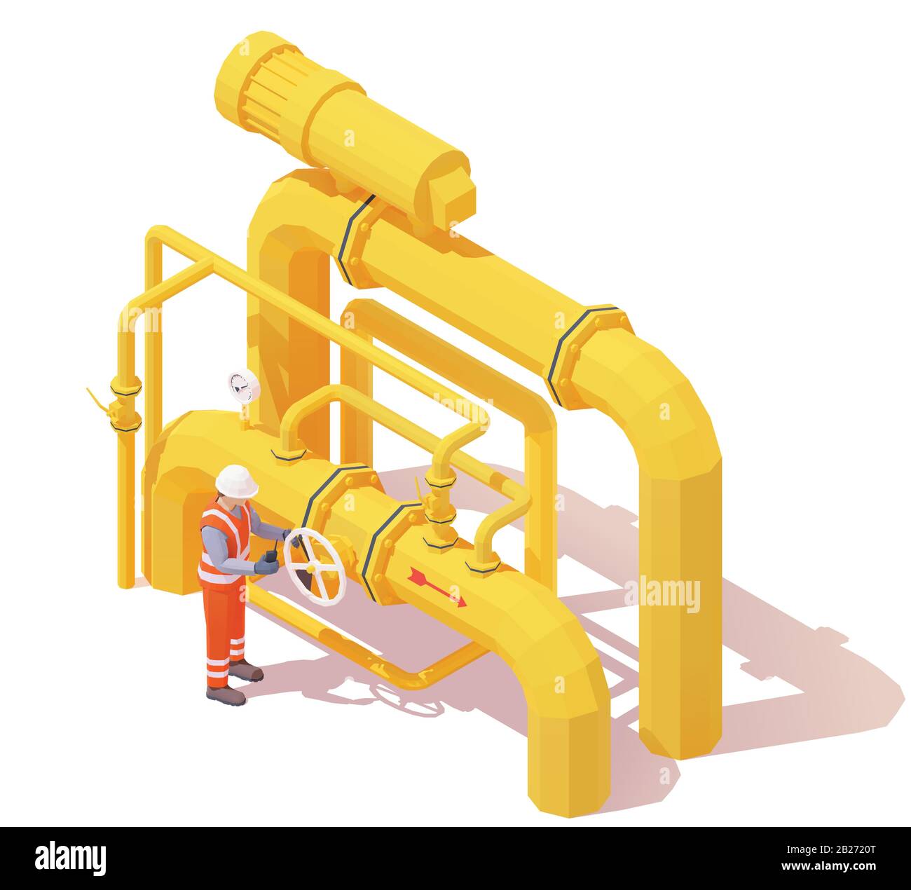 Vector isometric gas or oil production operator opens pipeline valve Stock Vector