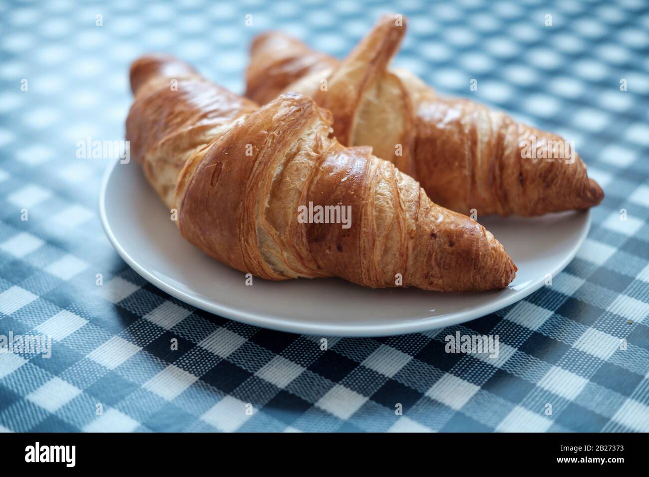 Two plain croissants on a white plate -selective focusview Stock Photo