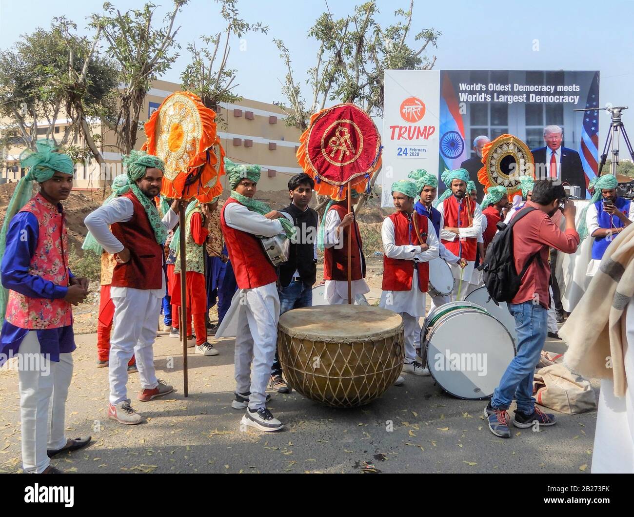 Folk musicians with drums at Motera, ready to welcome the President Of The United States,Mr. Donald Trump during his visit to Ahmedabad,Gujarat/India Stock Photo