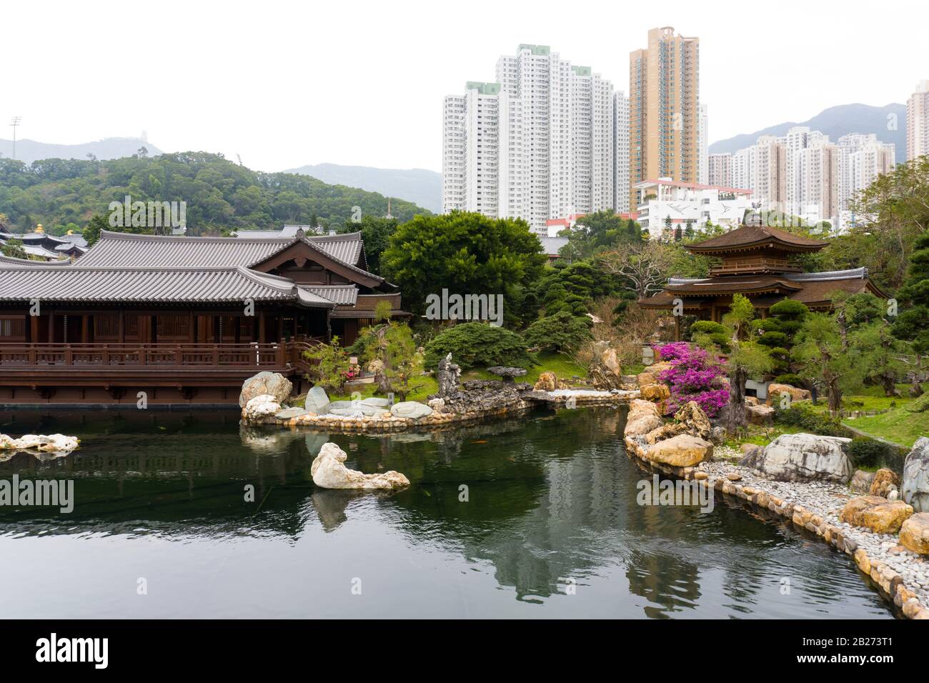 Hong Kong - January 18 2020 : The Pine Tea House and Pavilion Bridge inside Nan Lian Garden, Diamond Hill, Kowloon Stock Photo