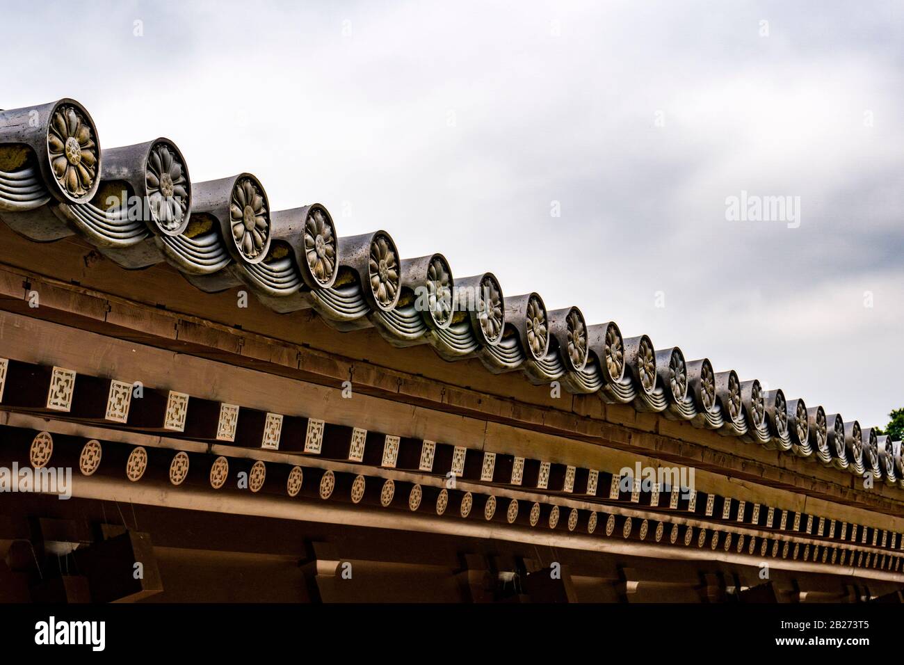 Ancient tile roof with flower pattern in Chinese temple, Medium Shot, Eye Level View Stock Photo