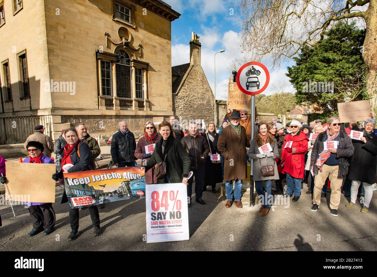 Oxford, Oxfordshire, UK. 1 March, 2020. Dozens turn out to the Save Walton Street demonstration.  Residents and Businesses of Oxford's historic Jericho district protest the Oxfordshire County Council's closure of the main artery Walton Street. The street closed with out proper traffic or air quality surveys or consultation with residents and businesses. Credit: Sidney Bruere/Alamy Live News Stock Photo