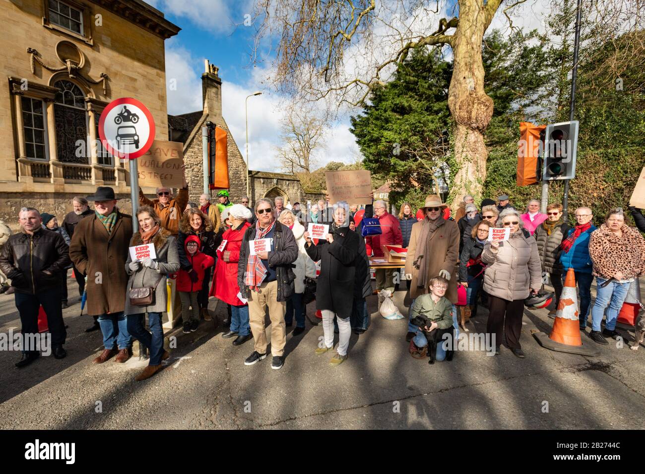 Oxford, Oxfordshire, UK. 1 March, 2020. Dozens turn out for the Save Walton Street demonstration.  Residents and Businesses of Oxford's historic Jericho district protest the Oxfordshire County Council's closure of the main artery Walton Street. The street closed with out proper traffic or air quality surveys or consultation with residents and businesses. Credit: Sidney Bruere/Alamy Live News Stock Photo