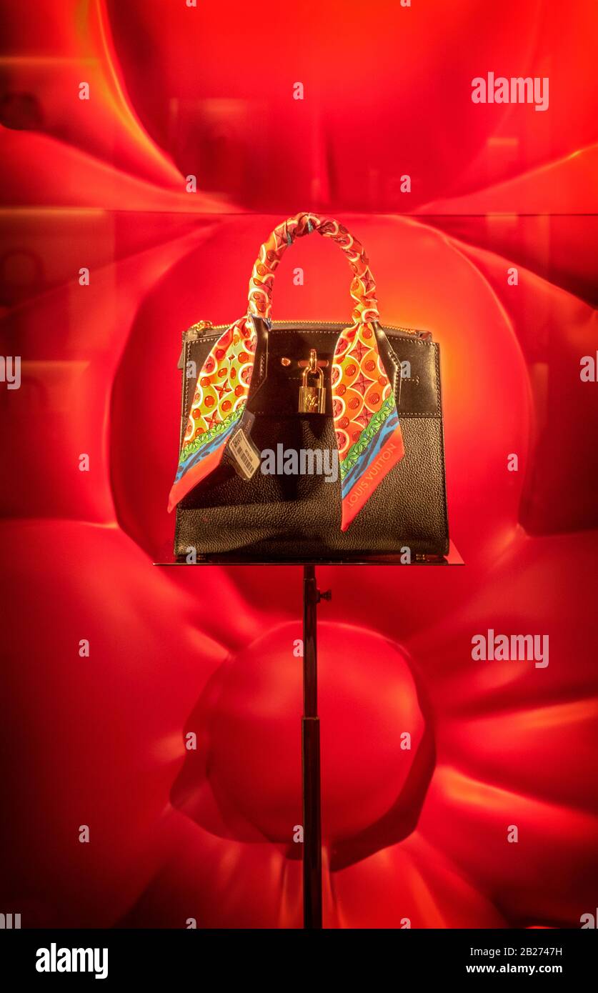 A $3250 leather Louis Vuitton City Steamer leather handbag on display at Bloomingdales in Midtown, Manhattan, New York City. Stock Photo