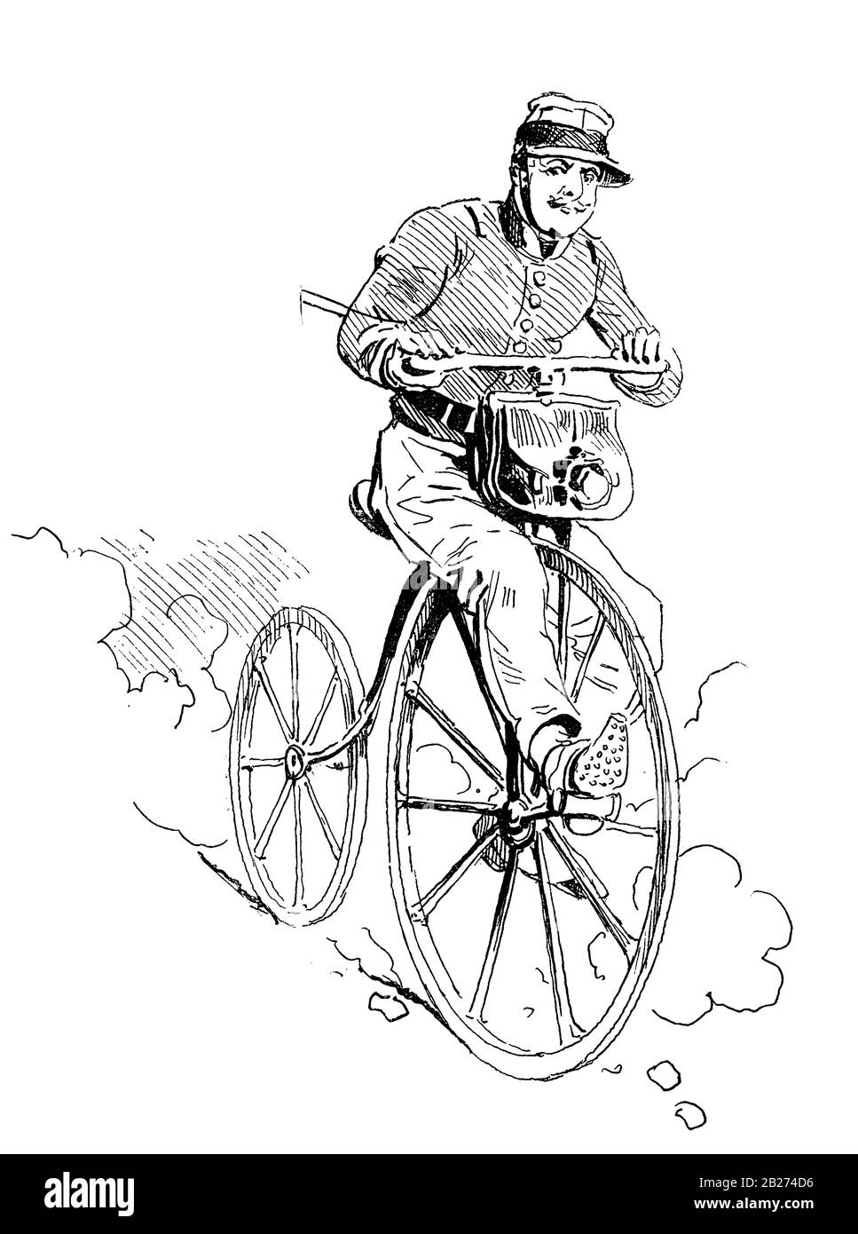 French humor and caricature: city guard on duty riding a high wheel bicycle Stock Photo