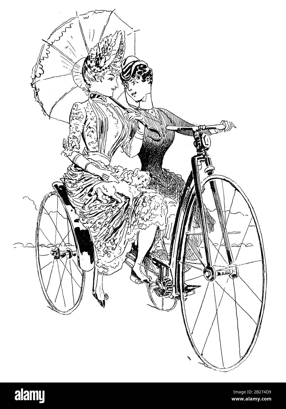 French humor and caricature, girls  with parasol riding a high wheel tricycle Stock Photo