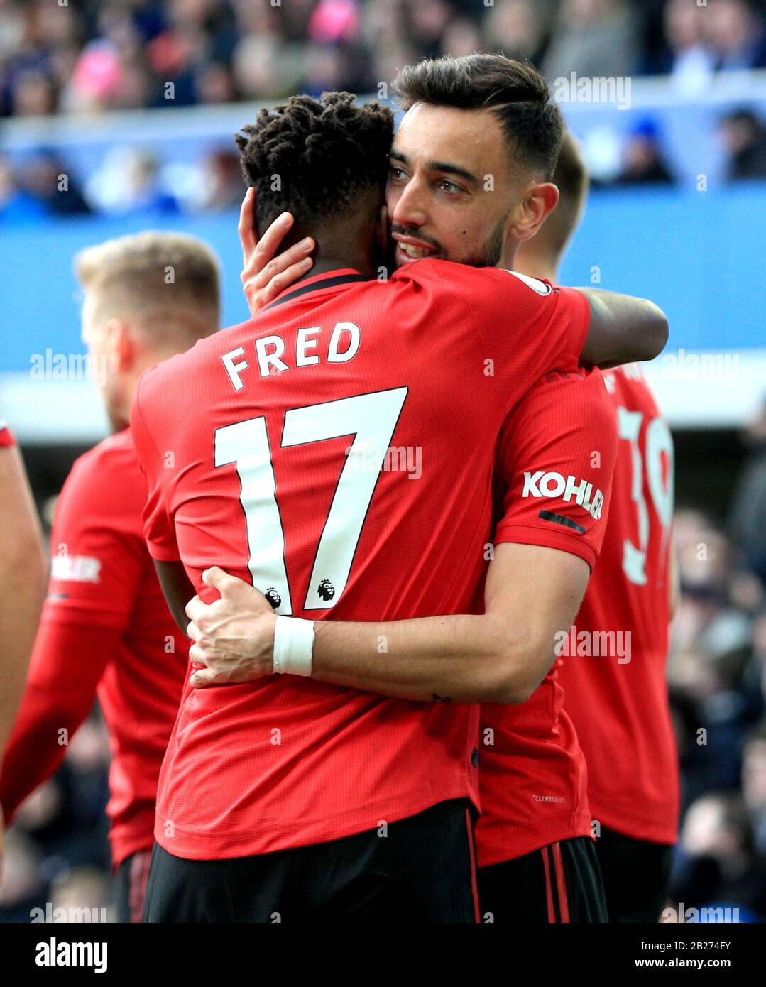 Manchester United S Bruno Fernandes Right Celebrates Scoring His Side S First Goal Of The Game With Team Mate Fred During The Premier League Match At Goodison Park Liverpool Stock Photo Alamy