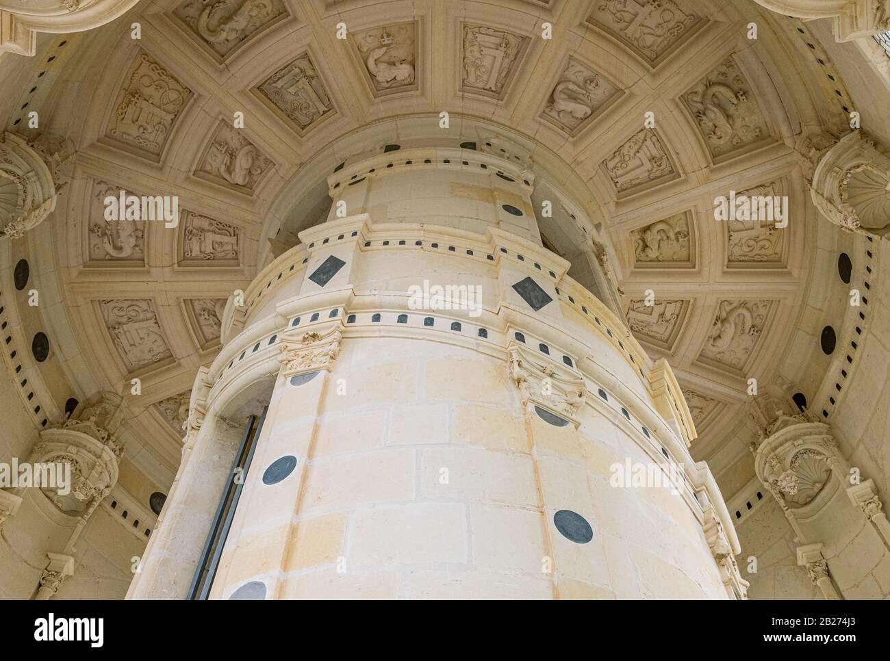 Chambord, France - November 14, 2018: The central column of the  double helix staircase of the Chambord castle Stock Photo
