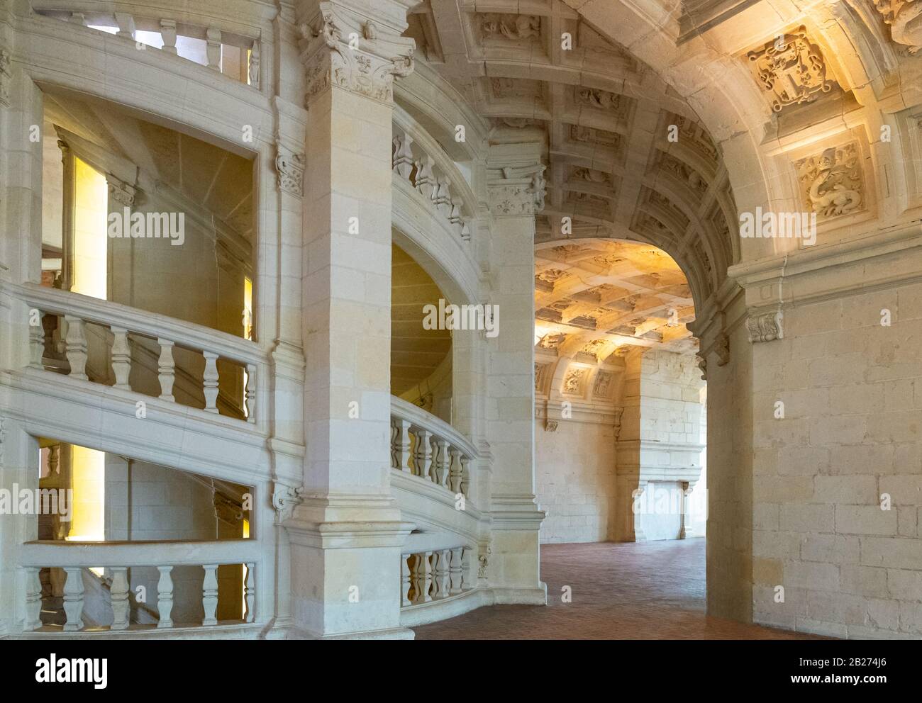 Chambord, France - November 14, 2018: The double helix staircase of the Chambord castle seen from the second floor Stock Photo