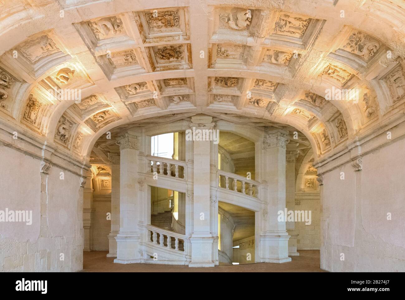 Chambord, France - November 14, 2018: The double helix staircase of the Chambord castle seen from the second floor Stock Photo