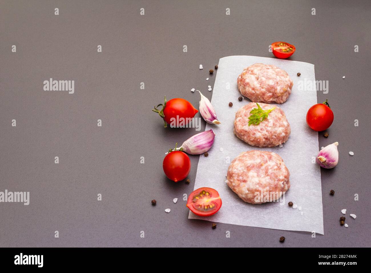 Raw fresh pork cutlets with spices and vegetables Healthy eating