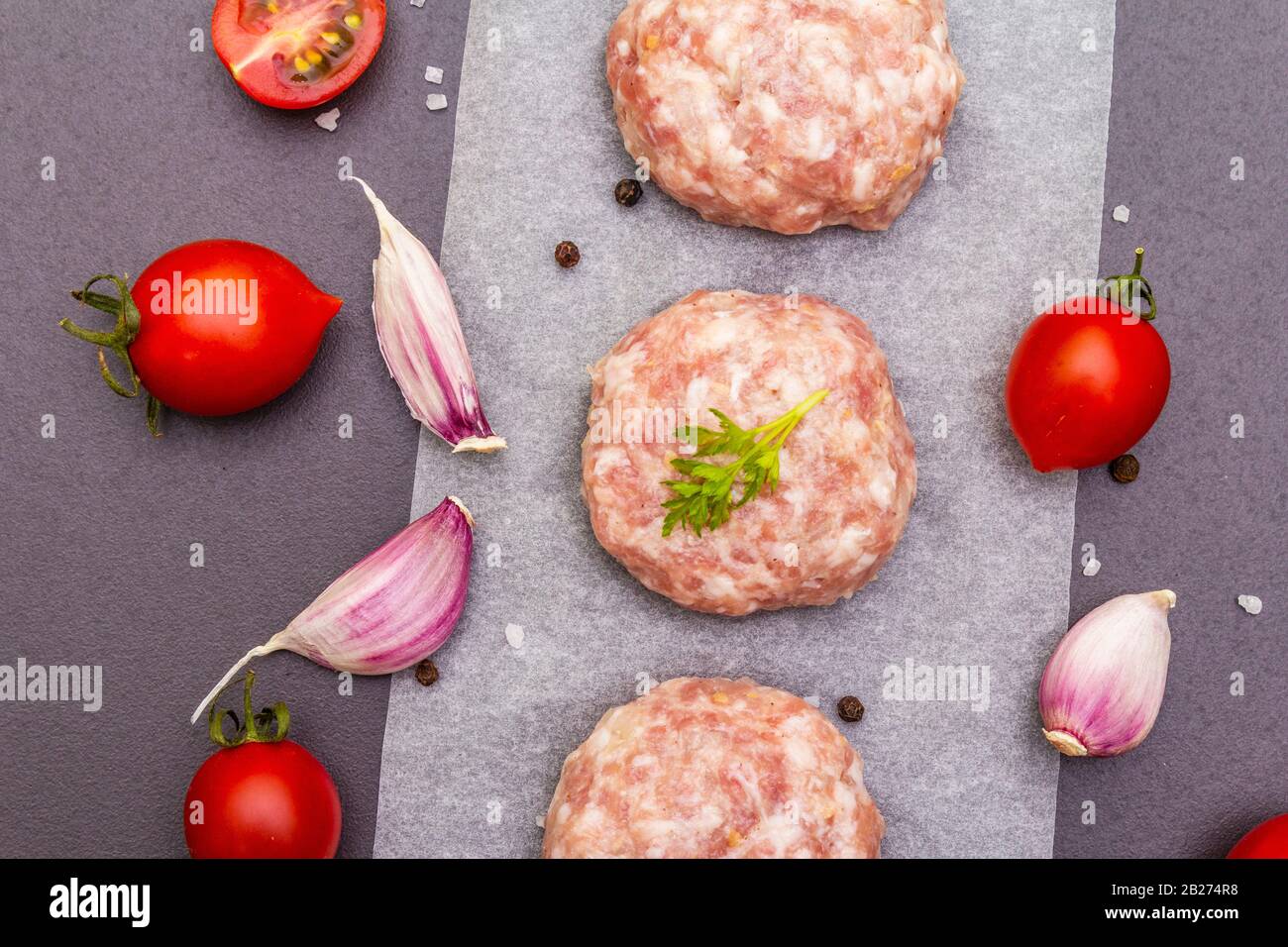 Raw fresh pork cutlets with spices and vegetables Healthy eating