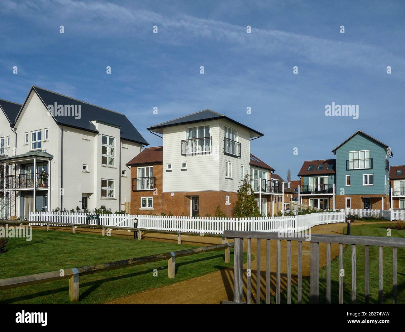 Houses on the 'reedbeds' at the Watercolour housing development between Merstham and Redhill in winter, Surrey Stock Photo